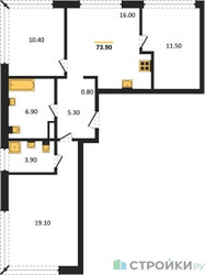 Планировка трехкомнатной(квартира) площадью 73.9 квадратных метров в ЖК “Акценты”