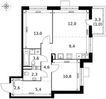 Планировка трехкомнатной(квартира) площадью 64.7 квадратных метров в “ЖК 1-й Саларьевский (Первый Саларьевский)”