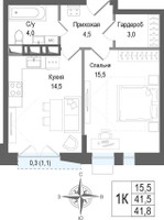 Планировка однокомнатной(квартира) площадью 41.3 квадратных метров в “ЖК КИНОКВАРТАЛ”