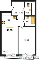 Планировка однокомнатной(квартира) площадью 44.98 квадратных метров в ЖК “ЖК Квартал Авиаторов”