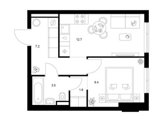Планировка однокомнатной(квартира) площадью 34.6 квадратных метров в ЖК “ЖК Зеленый парк”