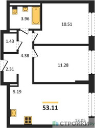 Планировка двухкомнатной(квартира) площадью 53.11 квадратных метров в “ЖК Квартал Марьино”