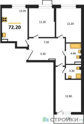 Планировка трехкомнатной(квартира) площадью 72.2 квадратных метров в ЖК “ЖК Прокшино”