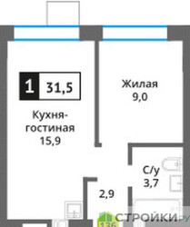 Планировка однокомнатной(квартира) площадью 31.5 квадратных метров в ЖК “ЖК Никольский квартал Отрада”