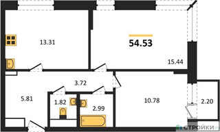 Планировка двухкомнатной(квартира) площадью 54.53 квадратных метров в “ЖК Новое Внуково”
