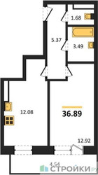 Планировка однокомнатной(квартира) площадью 36.89 квадратных метров в ЖК “Зеленый Оазис - Город”