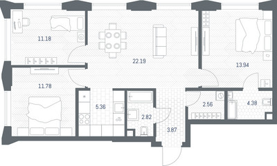 Планировка трехкомнатной(квартира) площадью 78.08 квадратных метров в ЖК “ЖК TATE (Тэйт)”