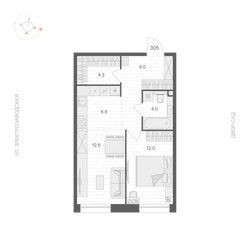 Планировка однокомнатной(апартаменты) площадью 48.7 квадратных метров в ЖК “ЖК ARTEL (Артель)”