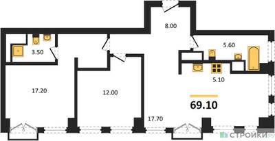 Планировка двухкомнатной(квартира) площадью 69.1 квадратных метров в ЖК “ЖК Emotion (Эмоушен)”