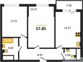 Планировка двухкомнатной(квартира) площадью 57.85 квадратных метров в “ЖК Светлый мир БиоПолис”