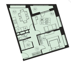 Планировка двухкомнатной(квартира) площадью 49.5 квадратных метров в “ЖК River Park”