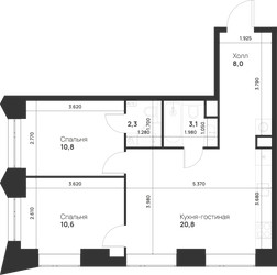 Планировка двухкомнатной(квартира) площадью 55.6 квадратных метров в ЖК “ЖК Войс”