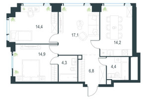 Планировка трехкомнатной(квартира) площадью 76.7 квадратных метров в “ЖК Левел Мичуринский”