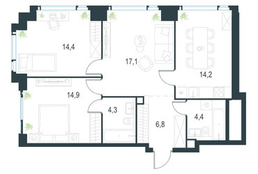 Планировка трехкомнатной(квартира) площадью 76.7 квадратных метров в ЖК “ЖК Левел Мичуринский”