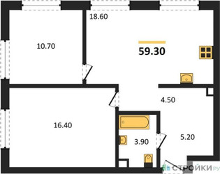 Планировка двухкомнатной(квартира) площадью 59.3 квадратных метров в ЖК “ЖК Sokolinn Park (Соколинн Парк)”