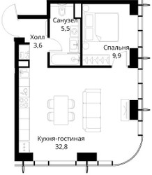 Планировка однокомнатной(квартира) площадью 51.8 квадратных метров в ЖК “ЖК Сити Бэй”