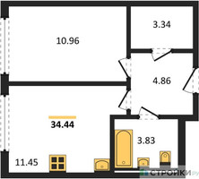 Планировка однокомнатной(квартира) площадью 34.44 квадратных метров в “ЖК Остафьево”