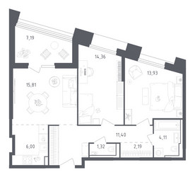 Планировка двухкомнатной(апартаменты) площадью 76.9 квадратных метров в ЖК “ЖК Скай Спутник”