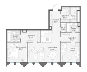 Планировка двухкомнатной(квартира) площадью 118.6 квадратных метров в ЖК “Клубный квартал "Фрунзенская набережная"”
