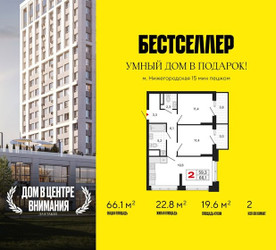 Планировка двухкомнатной(квартира) площадью 66.1 квадратных метров в ЖК “ЖК Бестселлер”