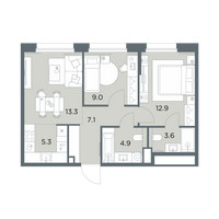 Планировка трехкомнатной(квартира) площадью 56.1 квадратных метров в “ЖК Станиславский”