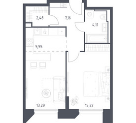 Планировка однокомнатной(апартаменты) площадью 47.91 квадратных метров в ЖК “ЖК Скай Спутник”