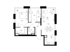 Планировка двухкомнатной(квартира) площадью 60 квадратных метров в “ЖК Москворечье”