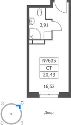 Планировка студии(апартаменты) площадью 20.43 квадратных метров в ЖК “ЖК Волковская 67”