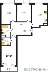 Планировка трехкомнатной(квартира) площадью 72.5 квадратных метров в ЖК “ЖК Прокшино”