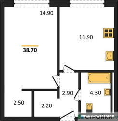 Планировка однокомнатной(квартира) площадью 38.7 квадратных метров в ЖК “ЖК Равновесие”