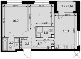 Планировка трехкомнатной(квартира) площадью 59.5 квадратных метров в “ЖК Симоновский вал”
