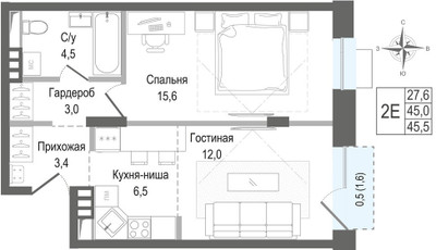 Планировка двухкомнатной(квартира) площадью 45 квадратных метров в ЖК “ЖК КИНОКВАРТАЛ”