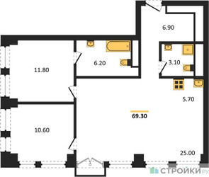 Планировка двухкомнатной(квартира) площадью 69.3 квадратных метров в ЖК “ЖК Emotion (Эмоушен)”
