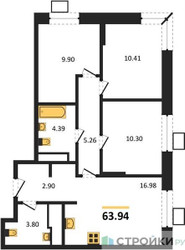 Планировка трехкомнатной(квартира) площадью 63.94 квадратных метров в ЖК “ЖК Апарт-отель Тропарево парк”