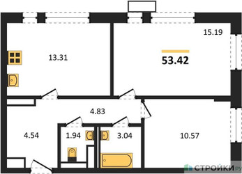 Планировка двухкомнатной(квартира) площадью 53.42 квадратных метров в ЖК “ЖК Пятницкие луга”