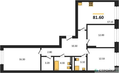 Планировка трехкомнатной(квартира) площадью 81.6 квадратных метров в “ЖК Детали”