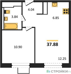 Планировка однокомнатной(квартира) площадью 37.88 квадратных метров в ЖК “ЖК Новое Внуково”