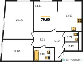 Планировка двухкомнатной(квартира) площадью 79.6 квадратных метров в “Жилой квартал Кутузов Град”