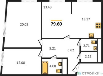 Планировка двухкомнатной(квартира) площадью 79.6 квадратных метров в ЖК “Жилой квартал Кутузов Град”
