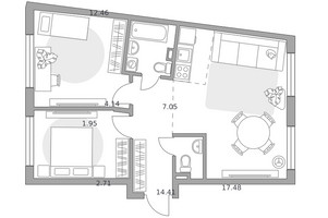 Планировка трехкомнатной(квартира) площадью 60.2 квадратных метров в “ЖК Аникеевский”