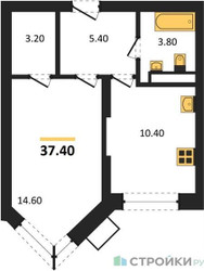 Планировка однокомнатной(квартира) площадью 37.4 квадратных метров в ЖК “ЖК Видный берег 2”