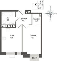 Планировка однокомнатной(квартира) площадью 37.8 квадратных метров в “ЖК КИНОКВАРТАЛ”