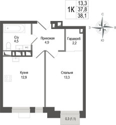 Планировка однокомнатной(квартира) площадью 37.8 квадратных метров в ЖК “ЖК КИНОКВАРТАЛ”
