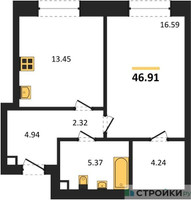 Планировка однокомнатной(квартира) площадью 46.91 квадратных метров в “ЖК Sezar City (Сезар Сити)”