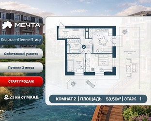 Планировка двухкомнатной(квартира) площадью 58.5 квадратных метров в ЖК “ЖК Мечта”