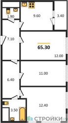 Планировка трехкомнатной(квартира) площадью 65.3 квадратных метров в ЖК “ЖК Карамельный”