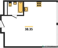 Планировка однокомнатной(апартаменты) площадью 38.35 квадратных метров в “ЖК Октябрьская 98 (MirrorЗдание)”
