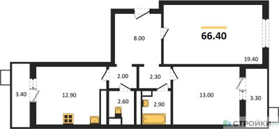 Планировка двухкомнатной(квартира) площадью 66.4 квадратных метров в ЖК “ЖК Пироговская Ривьера”