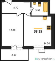 Планировка однокомнатной(квартира) площадью 38.35 квадратных метров в “ЖК Радость (Радумля Парк)”