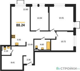 Планировка трехкомнатной(квартира) площадью 88.24 квадратных метров в ЖК “ЖК Богдановский Лес”